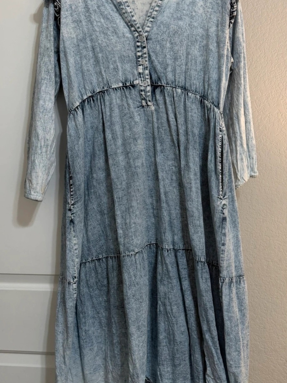 Light Blue Washed Denim Midi Dress with Tiered Skirt